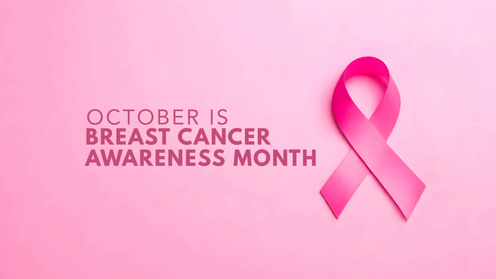 Pink background with a pink bow and the text 'October is Breast Cancer Awareness Month